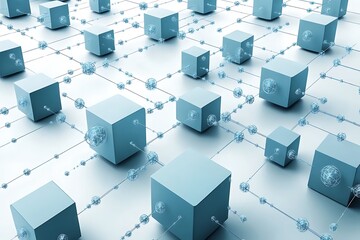 Interconnected blue cubes form a vast network, symbolizing blockchain technology and data flow in a futuristic cyberspace.