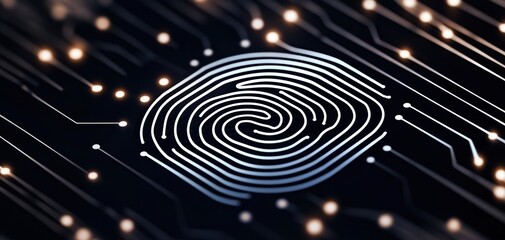 Fototapeta premium Abstract electronic circuit lines forming a fingerprint pattern, representing cybersecurity, biometrics, and digital identity