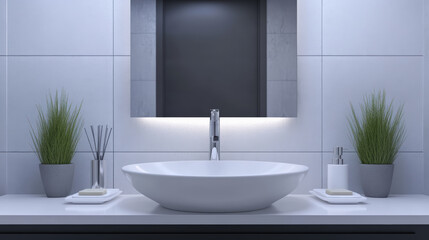 Fototapeta premium modern bathroom scene featuring minimalist sink, stylish decor, and greenery. sleek design and soft lighting create serene atmosphere, perfect for relaxation