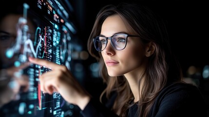 woman with glasses focuses intently on financial data displayed on a large digital screen in a modern office. dimly lit environment enhances the glow of the technology around her