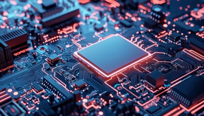 Obraz premium Abstract high-tech motherboard with interconnected glowing circuits, representing future AI computing and deep learning systems