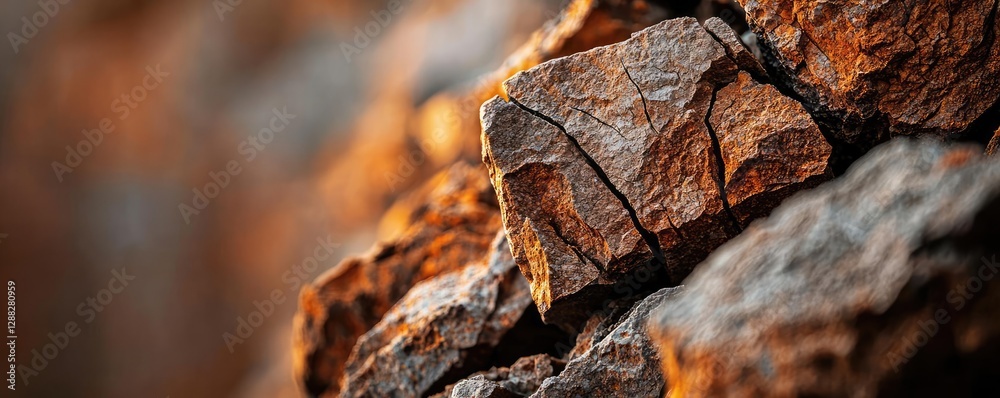 Poster weathering process concept. close-up view of textured rock formations illuminated by golden sunlight