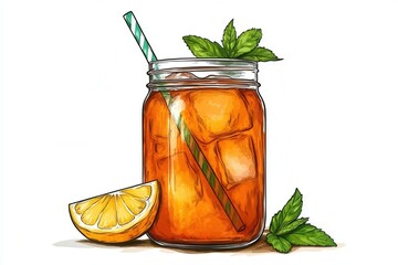 Iced Tea In Mason Jar Illustration With Lemon And Mint