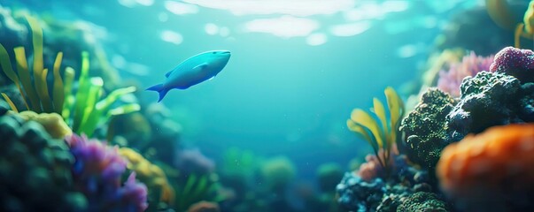 Obraz premium Ocean acidification concept. Vibrant underwater scene with colorful corals and a fish swimming peacefully.