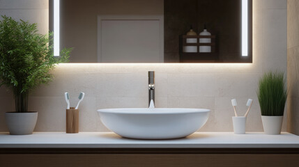 Fototapeta premium stylish bathroom sink with modern faucet, plants, and mirror creates serene atmosphere. elegant design enhances overall aesthetic of space