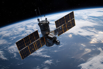 Futuristic satellite observing wildlife conservation efforts on Earth from space