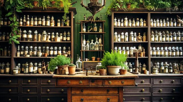 An old-fashioned wooden apothecary featuring multiple shelves filled with jars and herbs, located in a rustic setting that evokes the charm of traditional herbal medicine practices
