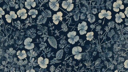 Cyanotype Trefoil Leaves on Floral Sun Print