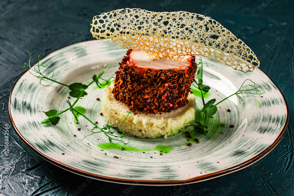 Sticker Chicken breast cooked sous vide in beetroot breading with couscous garnish and spinach sauce. Beautiful, restaurant-style presentation of the dish. Healthy food concept. Close-up