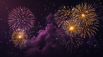Dark Violet Sky with Exploding Gold Fireworks and Bokeh