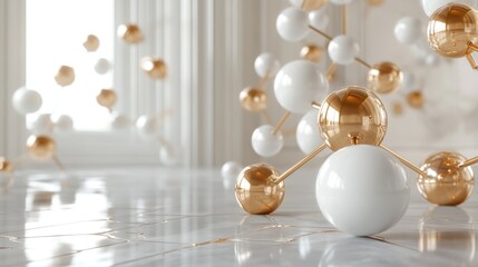 Abstract 3D rendering of gold and white spheres connected by rods, on a marble floor.