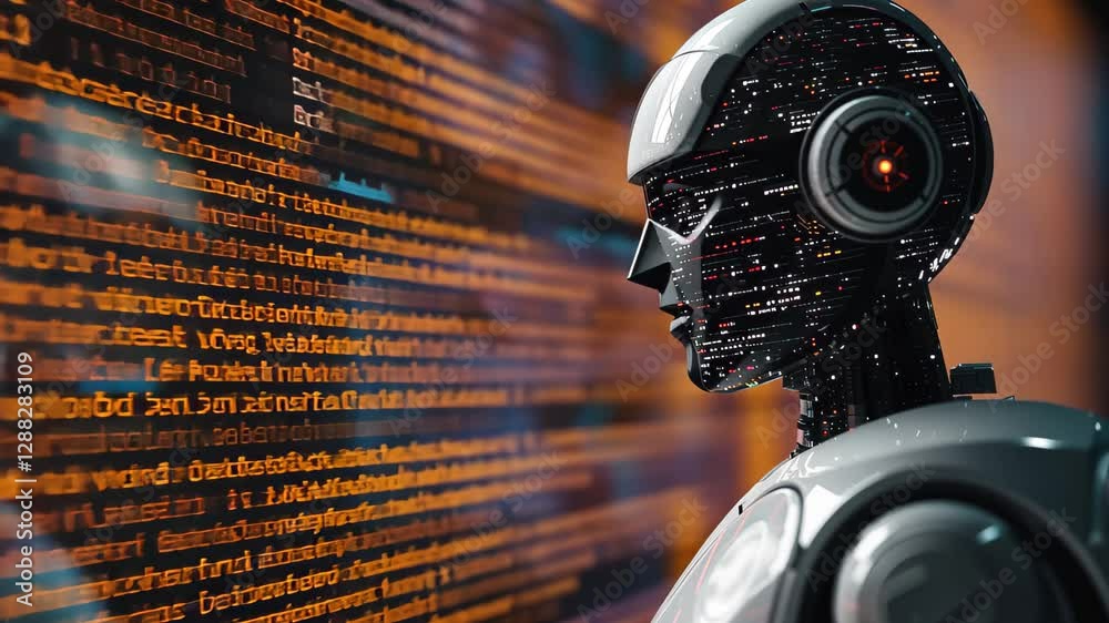 Poster an android robot interacts with a glowing digital code wall in a cyber digital world, showcasing adv