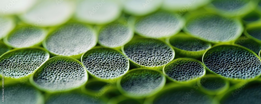 Poster ocean acidification concept. close-up view of green plant cells, showcasing intricate patterns and t