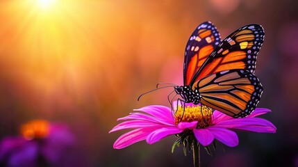 Fototapeta premium A butterfly and blossoms spring background shot in the studio, featuring a close-up of a vibrant butterfly resting on a delicate pink flower, captured in ultra-detailed clarity