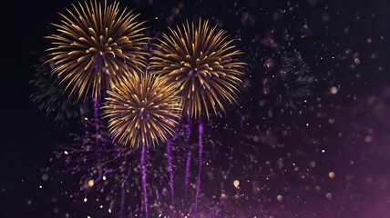 Fototapeta premium Dark Violet Sky with Exploding Gold Fireworks and Bokeh