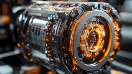 Obraz premium Close-up view of a futuristic mechanical component with glowing orange accents in a tech environment