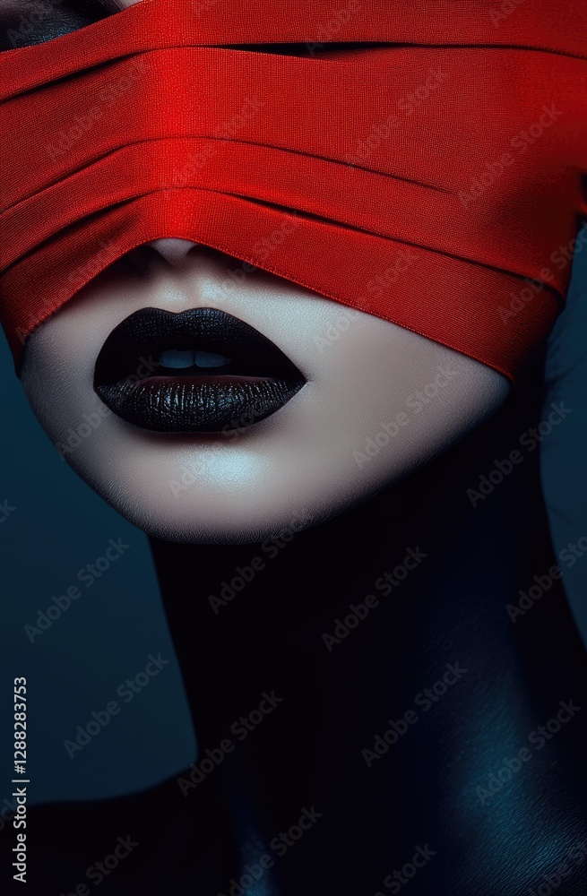 Poster A woman's face with a red blindfold and dark lipstick, latex, minimalistic background