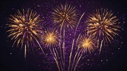 Fototapeta premium Dark Violet Sky with Exploding Gold Fireworks and Bokeh