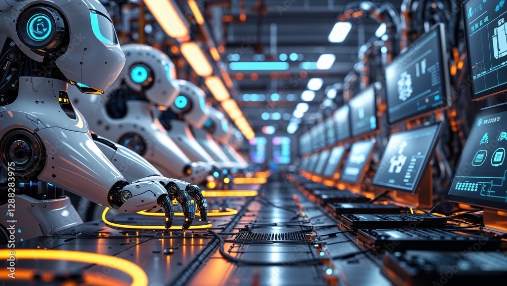 Poster high-tech robots working in a futuristic factory setting during daytime with illuminated monitors an