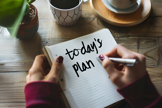 A hand elegantly writes "Today's Plan" in a notebook, showcasing effective planning
