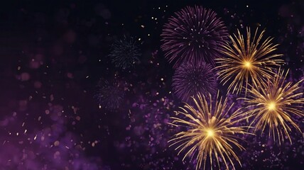 Dark Violet Sky with Exploding Gold Fireworks and Bokeh