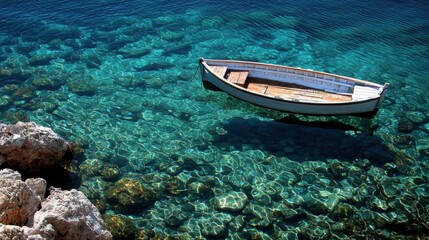 Fototapeta premium A Caribbean-inspired summer background showcasing crystal-clear water, a small wooden boat, and vibrant coral reefs visible beneath the surface