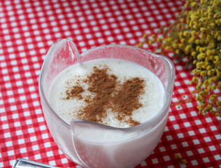 Milky dessert with cinnamon, white pudding 
