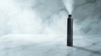 A vaping device on a light marble surface with soft shadows. Featuring futuristic design and vapor clouds