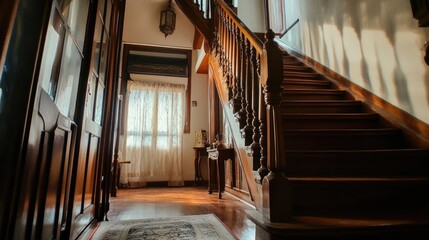 Obraz premium A beautifully crafted wooden staircase with an elegant design.