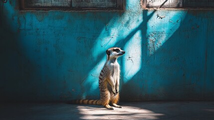 Meerkat standing alert in a sunlit room with textured blue wall, looking towards the light. Wildlife observation and adaptive behavior concept.