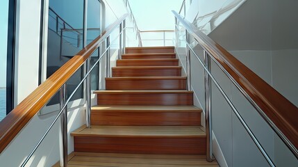 Fototapeta premium A beautifully designed wooden staircase with sleek railings.