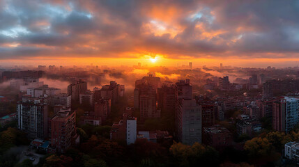 Fototapeta premium Wschód słońca nad miastem – widok z lotu ptaka