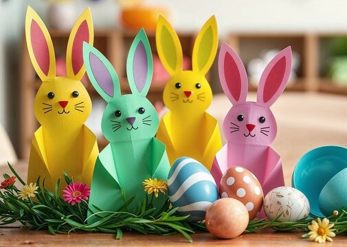 Colorful paper Easter bunnies with decorated eggs and flowers on a festive tabletop
