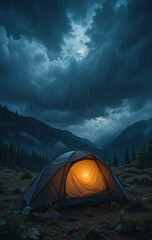 tent in a mountainous landscape during rain with heavy dark clouds in a stormy sky