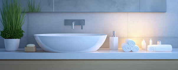 Fototapeta premium Elegant modern bathroom setting with white basin, candles, and plants, creating serene atmosphere. Perfect for relaxation and self care
