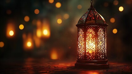 Magical Lantern with Intricate Patterns on Reflective Surface: Warm and Festive Atmosphere with Glowing Particles