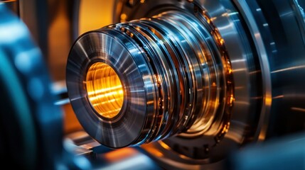 Fototapeta premium Close-up of a metallic machine component with intricate details and warm lighting in a workshop