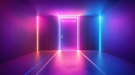 Vibrant neon lights illuminate a room with a closed door, creating a futuristic and mysterious atmosphere.