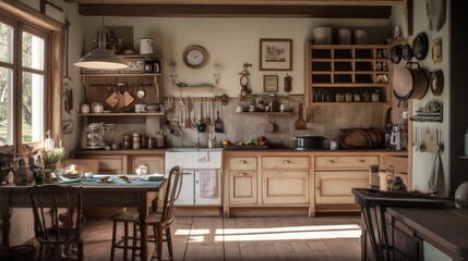 A charming country-style kitchen with wooden cabinets and warm tones.