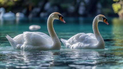 Fototapeta premium Two swans swimming in a turquoise lake