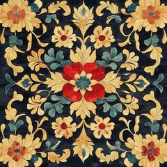 Elegant Floral Damask Pattern  Gold Teal Red Flowers  Vintage Textile Design