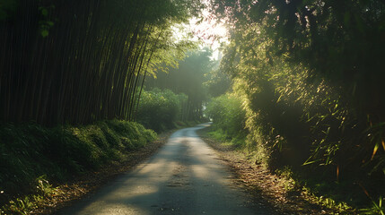 Obraz premium A tranquil bamboo grove road with sunlight streaming through the dense greenery.