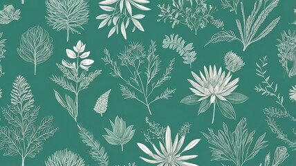 Green and White Botanical Elements on Turquoise Background
