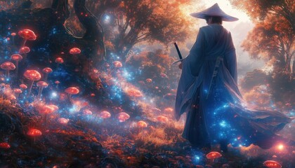 Fantasy Anime Stock Photo Samurai in Enchanted Glowing Mushroom Forest