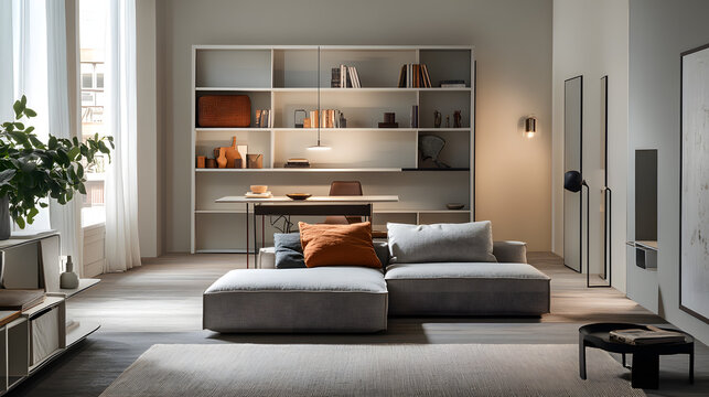 A chic studio apartment setup with a modular sofa floating shelves and a compact dining nook.