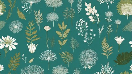 Green and White Botanical Elements on Turquoise Background