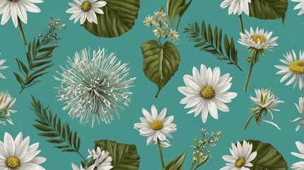 Green and White Botanical Elements on Turquoise Background