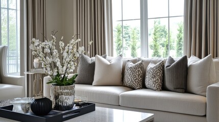 A contemporary home featuring linen drapes and neutral decor.