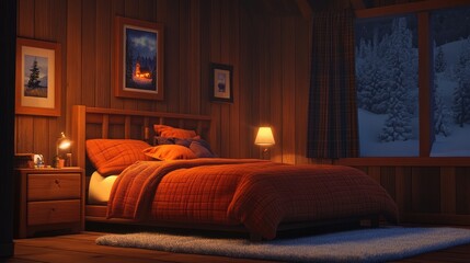 A cozy cabin bedroom with wooden walls, a warm bed, and soft lighting.