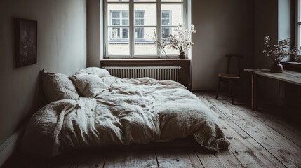 A cozy minimalist bedroom with a linen duvet and natural decor.